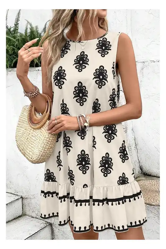 Beige Geometric Printed Sleeveless Hollowed Bowknot Back Mini Dress - Everyday The Label