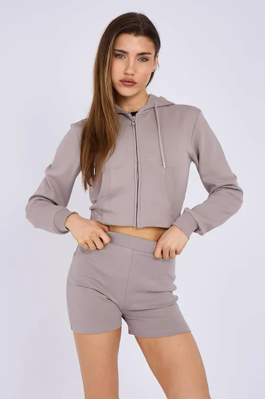 Zipped Hooded Crop Top and Seam Detail Shorts Fleece Co-ord