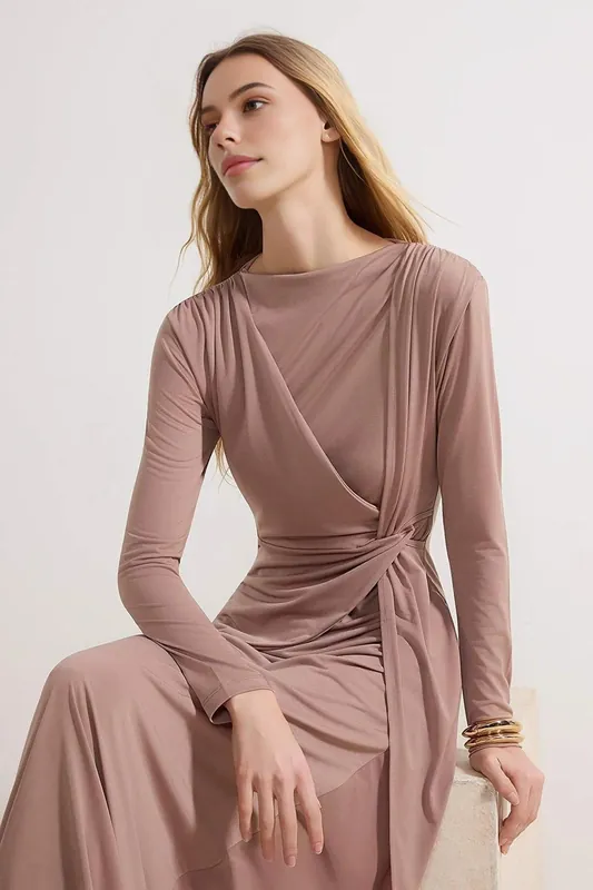Draped Waist Detail Long Sleeve Bodycon Maxi Dress - WOVCOR