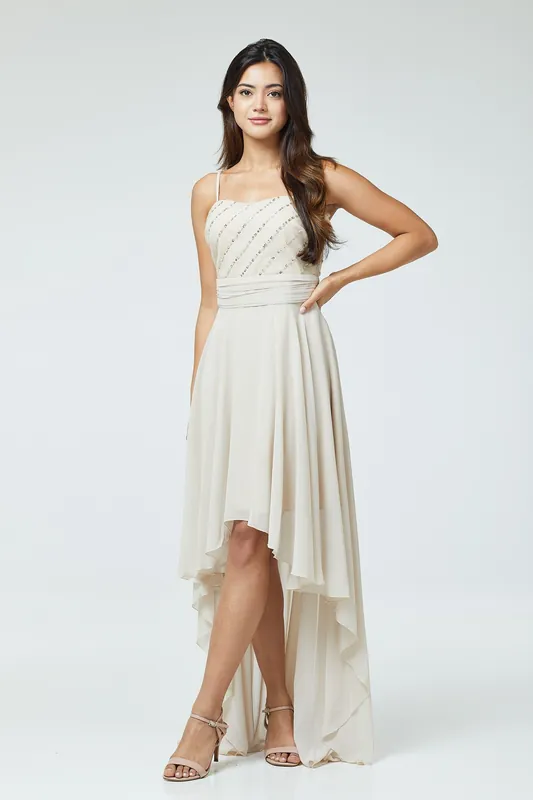 Nude Sequin Asymmetric Long Dress - LuvForever Fashion