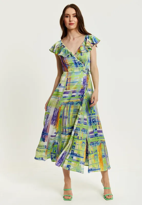 Abstract Print Maxi Wrap Dress In Sage And Purple - Liquorish
