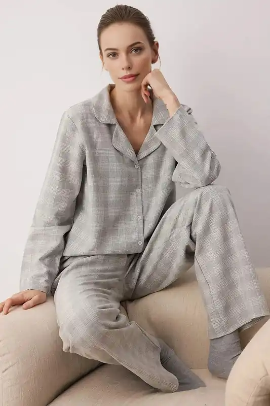 Check Flannel Revere Collar Long Sleeve Cotton Woven Pyjama Set - WOVCOR