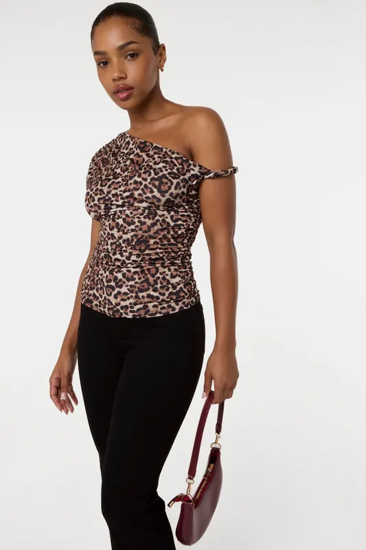 Brown Printed Twist Shoulder Top - Pink Vanilla