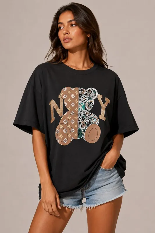 Mixed Monogram Graphic Teddy Bear - Oversized - T-Shirt