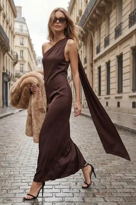 One Shoulder Woven Satin Midi Dress with Drape Detail - WOVCOR