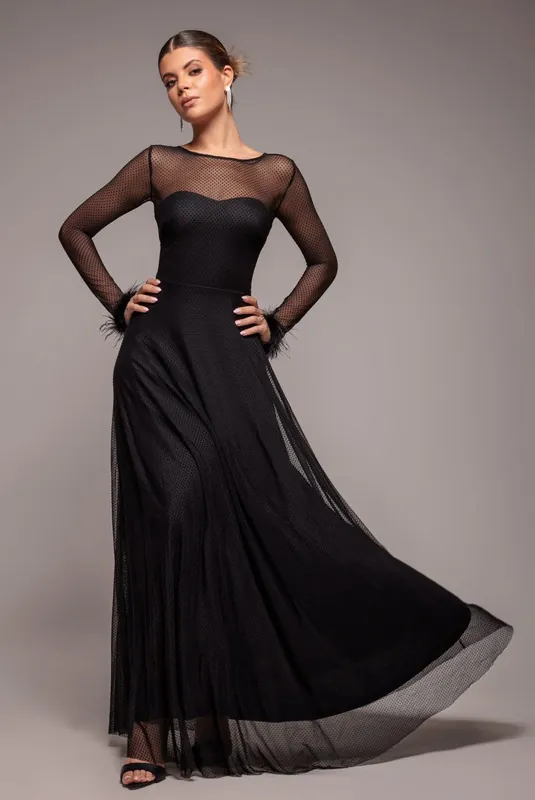 Dobby Mesh Feather Sleeve Hem Maxi - Goddiva