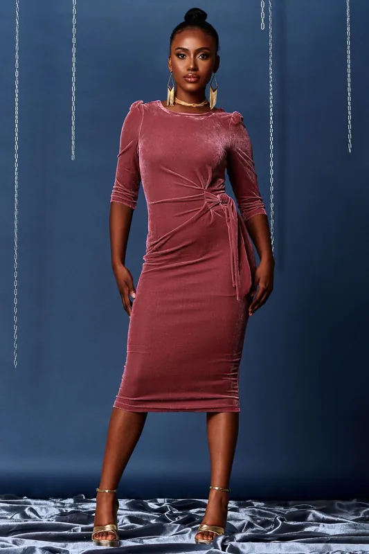 3/4 Sleeve Tie Detail Velvet Midi Dress - Jolie Moi