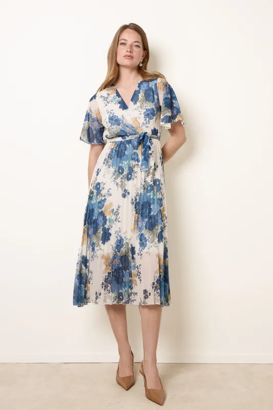 White Crossover Pleated Print Dress - Blue Vanilla