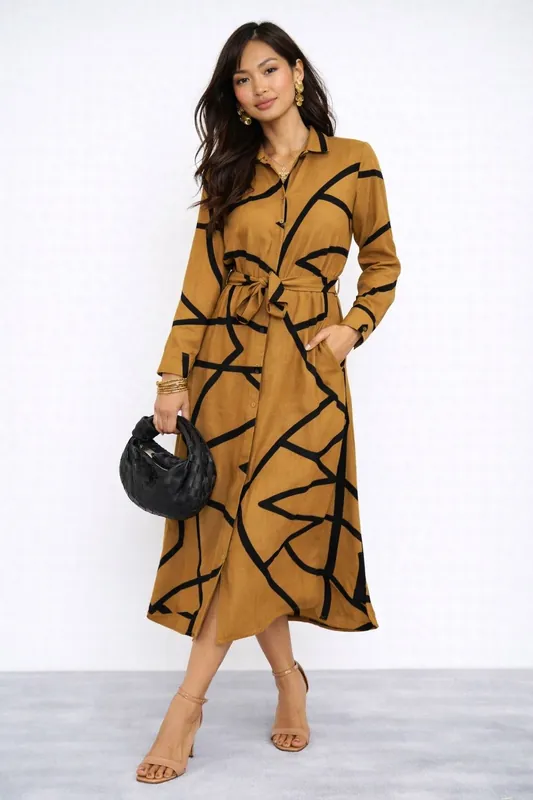 Mustard Abstract Line Print Belted Shirt Dress - Love Sunshine