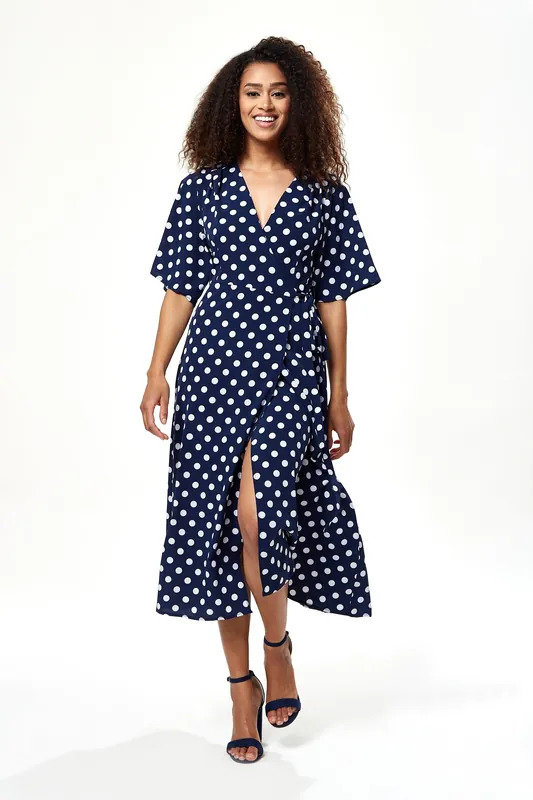 Big Polka Dot Midi Wrap Dress In Navy - Liquorish