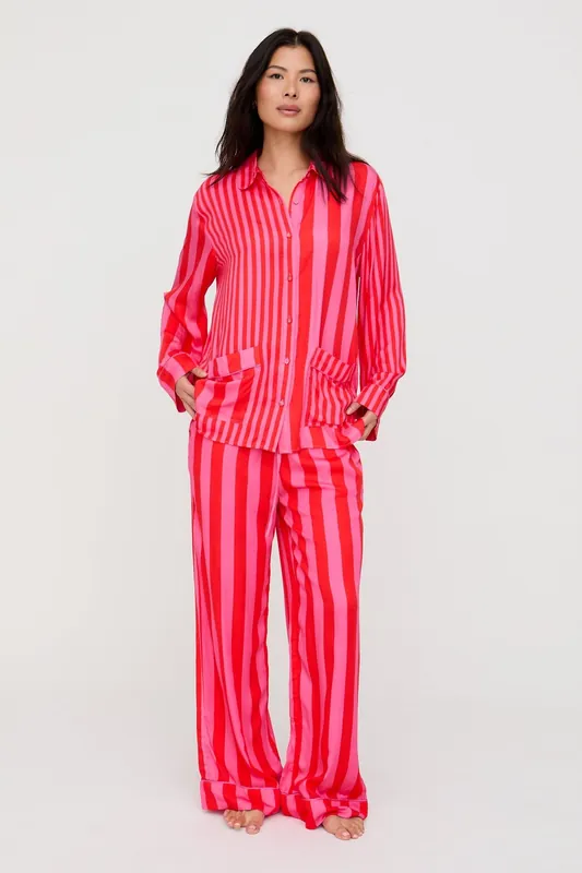 Evie Long Sleeve Stripe Print Pyjama Set In Pink - Lily and Lionel