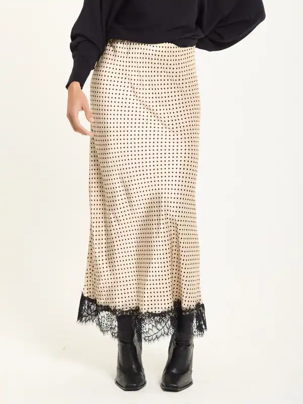 Beige Polka Dot Skirt with Black Lace Trim - Liquorish
