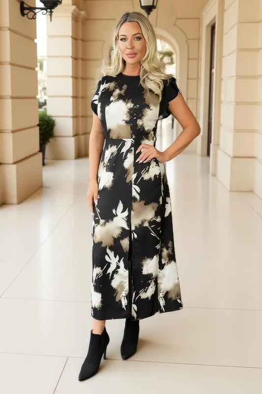 Black Abstract Print Flutter Sleeve Midi Dress - AX Paris