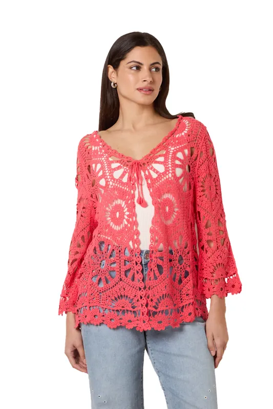 Coral Long-Sleeved Crochet Cardigan