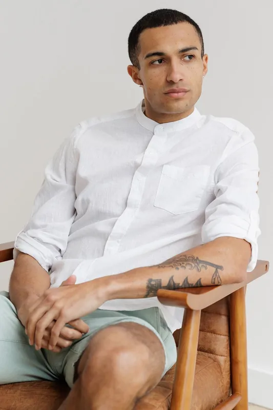 Linen Blend Long Sleeve Button-Up Shirt with Grandad Collar