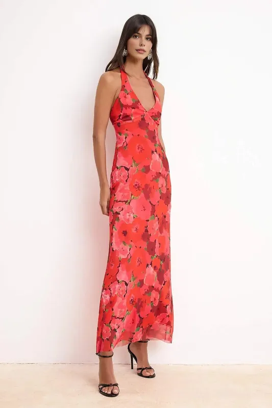 Floral Halterneck Maxi Evening Dress with Sheer Tulle - WOVCOR