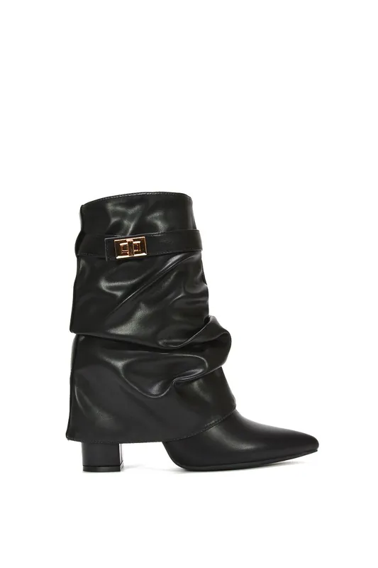 Thalia' Pointed Ruched Block Heel Slouchy Booties - XY London