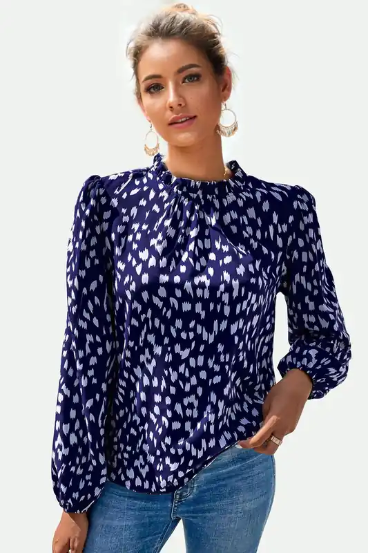 Animal Print Frill Detail High Neck Top In Navy - FS Collection