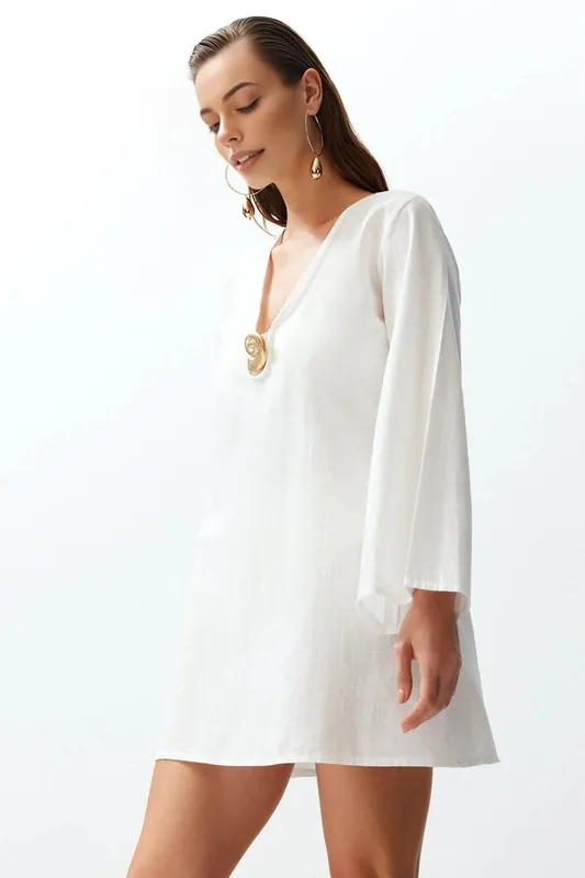 V Neck Long Sleeve Accessory Detail Beach Mini Dress - WOVCOR