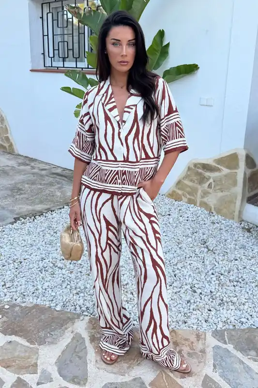 Cream And Brown Abstract Print Wide Leg Trousers - AX Paris