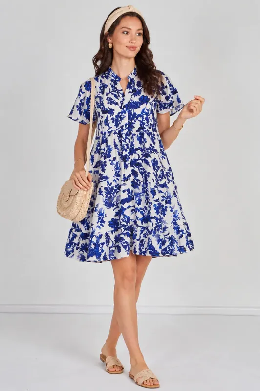 Blue Floral Print Tiered Mini Dress - Love Sunshine