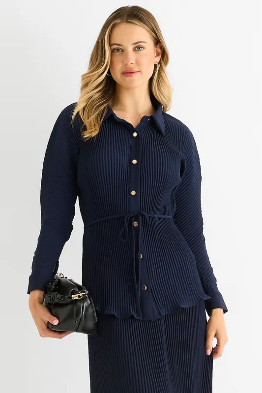 Navy Plisse Button Through Shirt - Gini London