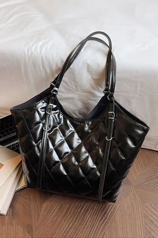 'Magnolia' Women's Quilted Wet look Tote Bag with Handle - XY London