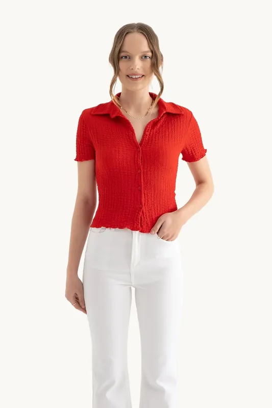 Polo Neck Buttoned Short Sleeve Basic Top - Hiccup