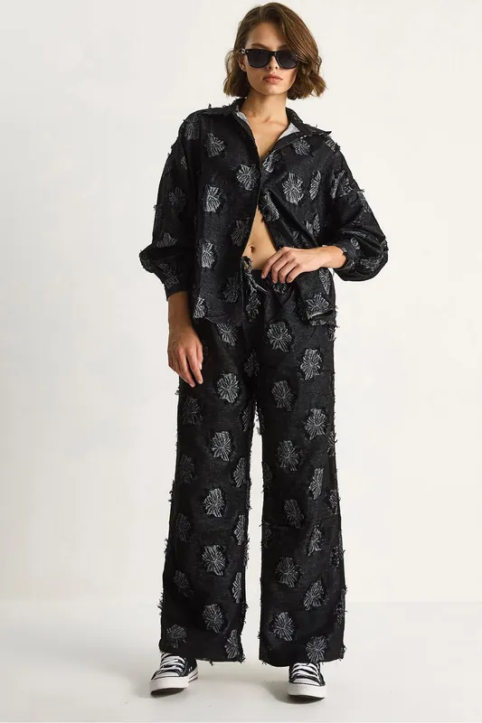 Embroidered Oversized Shirt and Wide Leg Trousers Co-Ord Set