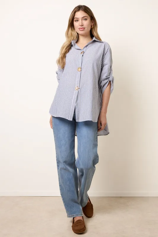 Dark Indigo Gold Shell Button Front Stripe Shirt - Blue Vanilla