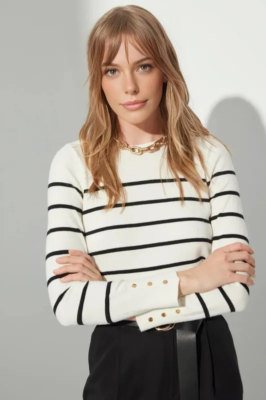 Crew Neck Striped Knit Sweater - WOVCOR