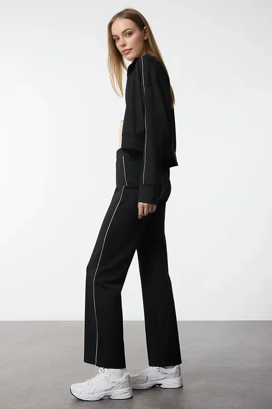 Contrast Piping Elastic Waist Straight Leg Scuba Sports Joggers - WOVCOR