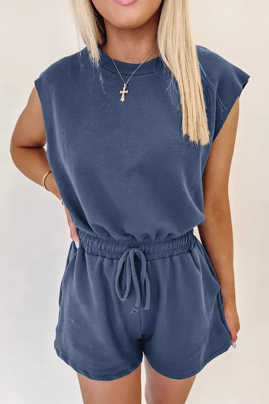 Ashleigh Blue Knit Open Back Cap Sleeve Drawstring Romper - Everyday The Label
