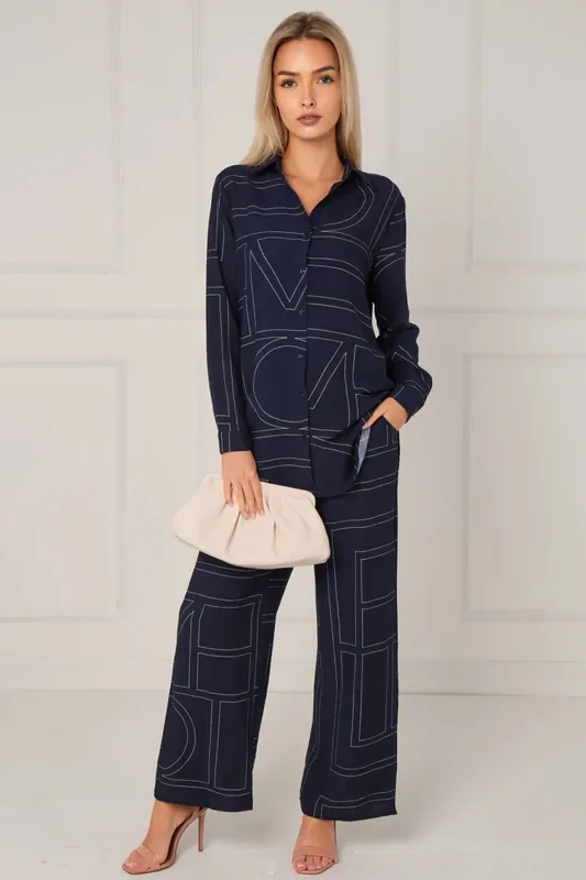 Navy Geometric Line Print Wide-Leg Co-ord