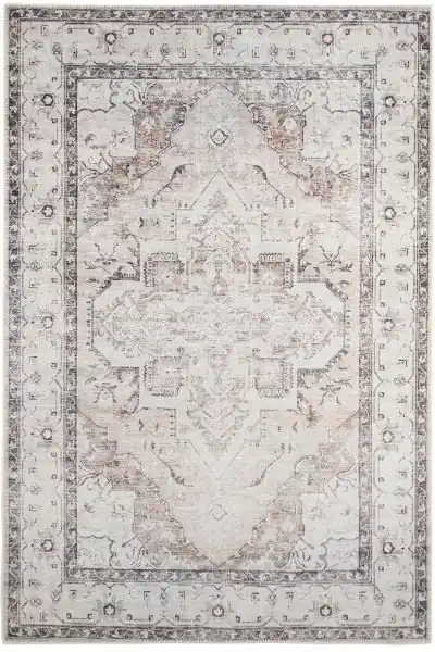 Greige Vintage Medallion Non Slip Washable Low Pile Rug - Kukoon