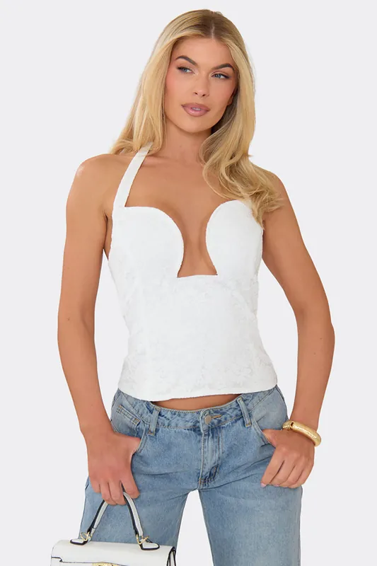 Corset Style Sleeveless Plunging Neckline Lace Corset Top - EGO