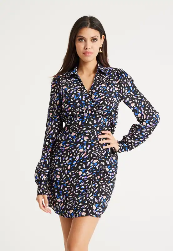 Painterly Print Mini Wrap Dress In Black & Multicolour - Liquorish