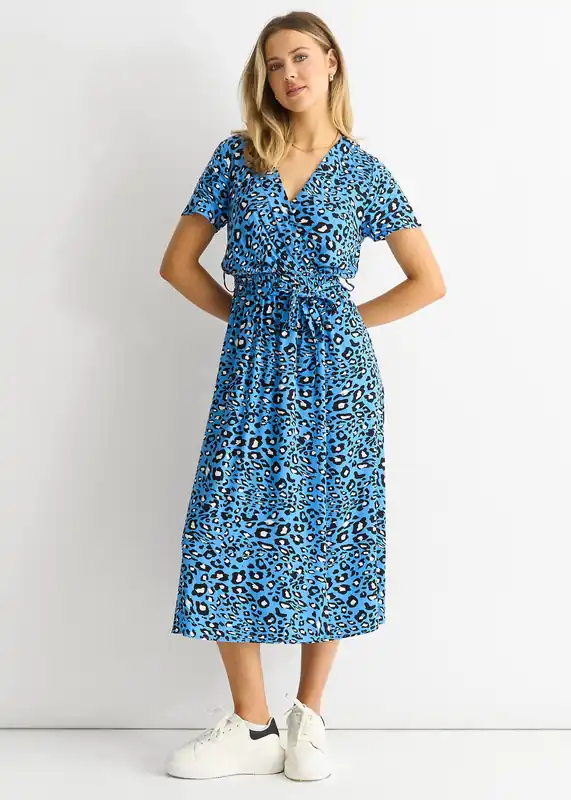Short Sleeve Animal Print Wrap Front Midi Dress - Gini London