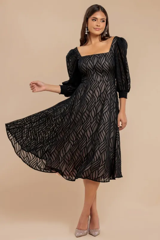 Puff Sleeve Side Slit Flared Jacquard Chiffon Midi Dress - Goddiva