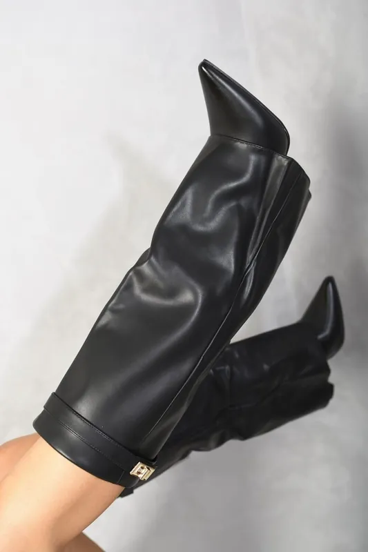 Myla Skirted Fold Over Buckle Pointed Toe High Boots - IKRUSH