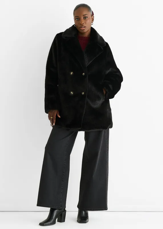 Black Faux Fur Double Breasted Longline Jacket - Gini London