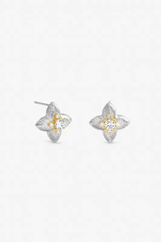 Two Tone Cubic Zirconia Clover Stud Earrings - Jon Richard