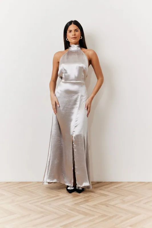 Silver Liquid Satin Halterneck Split Detail Maxi Dress - In The Style