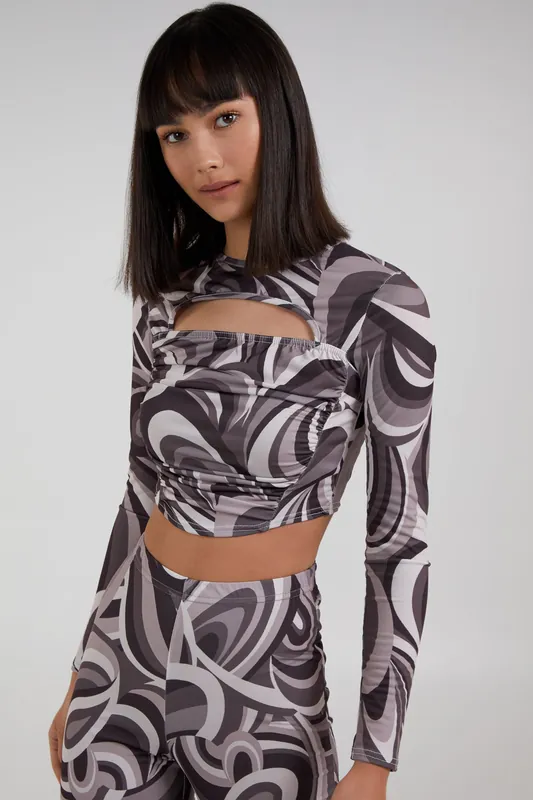 Brown Swirl Print Cut Out Top - Pink Vanilla