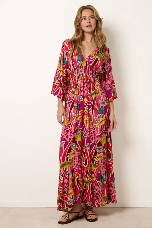 Pink Tropical Print V-Neck Maxi Dress