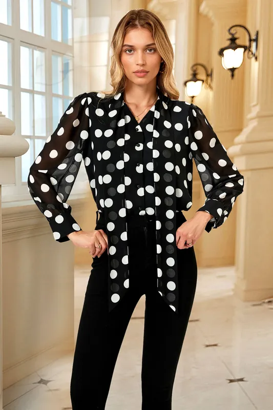 Dot Print Tie Detail Long Sleeve Blouse Top In Black - FS Collection
