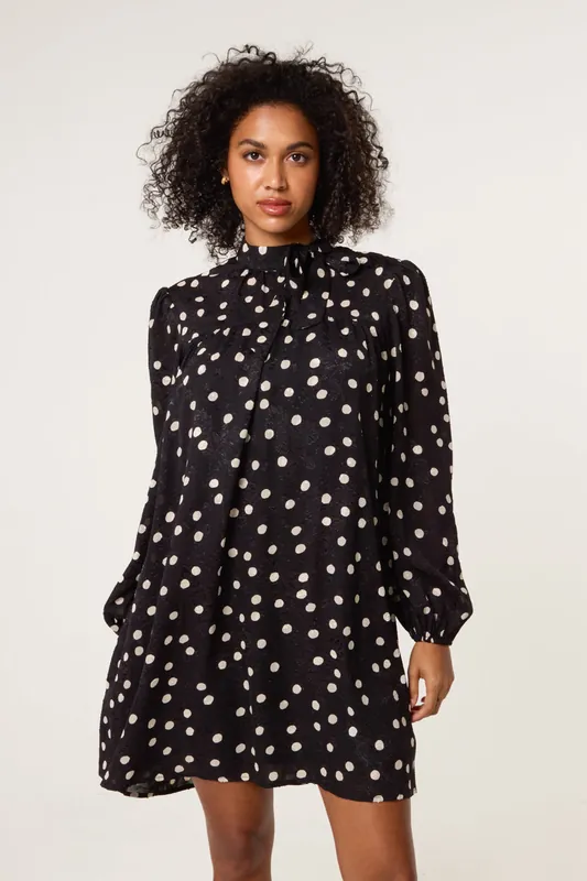 Black Polka Dot Tie Neck Smock Dress - Blue Vanilla