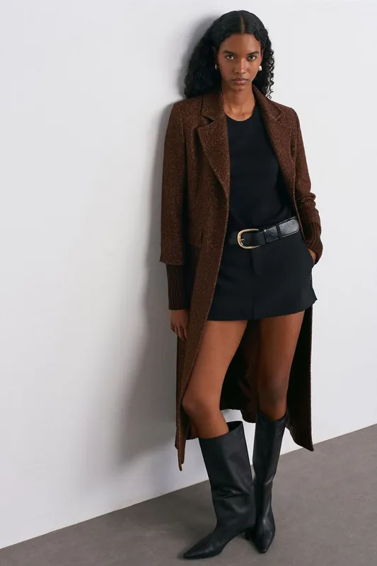 Textured Tweed Long Overcoat - Dilvin