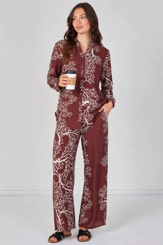 Rust Coral Print Shirt and Trouser Co-Ord Set