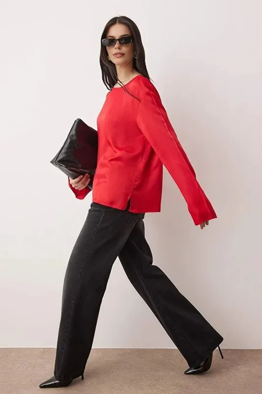 Relaxed Fit Satin Woven Blouse with Back Tie Detail - WOVCOR